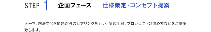STEP1 企画フェーズ 仕様策定・コンセプト提案 テーマ、解決すべき問題点等のヒアリングを行い、実現手段、プロジェクトの進め方などをご提案致します。