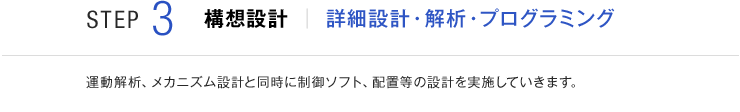 STEP3 構想設計 詳細設計・解析・プログラミング 運動解析、メカニズム設計と同時に制御ソフト、配置等の設計を実施していきます。