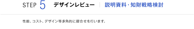 STEP5 デザインレビュー 説明資料・知財戦略検討 性能、コスト、デザイン等多角的に摺合せを行います。
