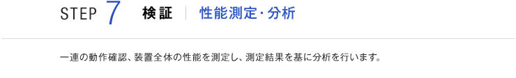STEP7 検証 性能測定・分析 一連の動作確認、装置全体の性能を測定し、測定結果を基に分析を行います。