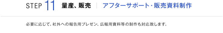STEP11 量産、販売 アフターサポート・販売資料制作 必要に応じて、社外への報告用プレゼン、広報用資料等の制作も対応致します。
