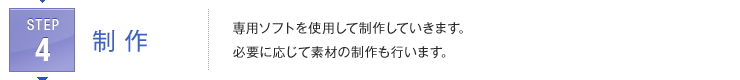 STEP4:
制作 | 専用ソフトを使用して制作していきます。必要に応じて素材の制作も行います。